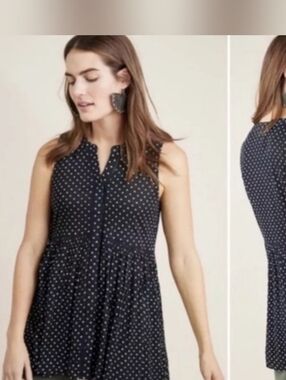 Anthropologie Black Polka Dot Sleeveless Peplum Top
